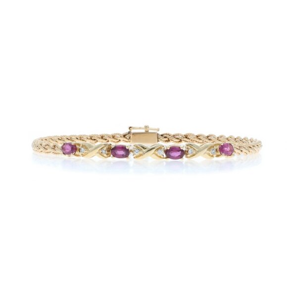 Yellow Gold Ruby Diamond Bracelet 7 1/2" 14k Oval 1.14ctw Four-Stone Crossover - Picture 1 of 7